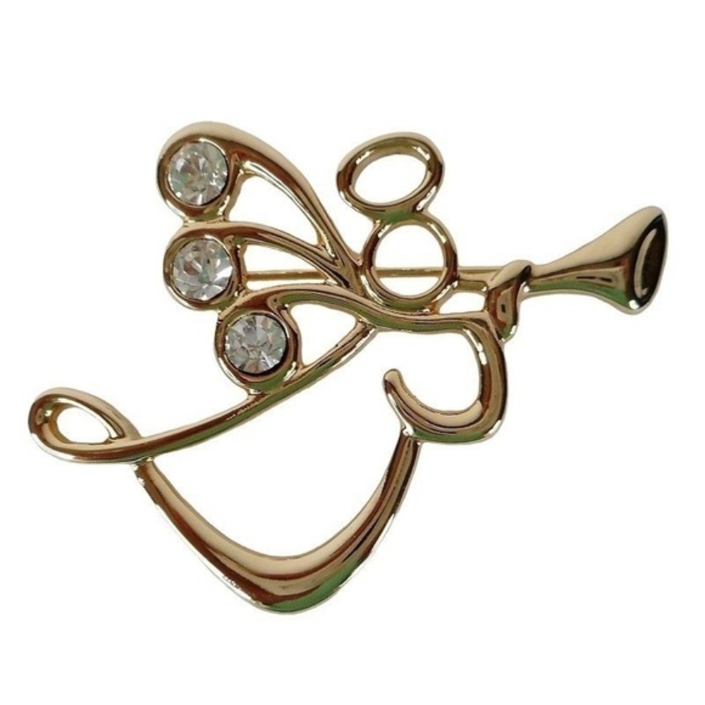 Vtg Angel‎ Trumpet Brooch Gold Tone with Clear-Colored Accents Pin Christmas